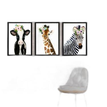 Imagem de Kit 3 Quadros Animais Coroa Flores 24X18Cm Preta
