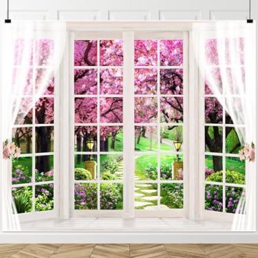 Imagem de Pano de fundo para janela de primavera, 3 x 2,4 m, jardim, flores de cerejeira, árvore de floresta, cenário natural, cenário fotográfico, pano de fundo de Páscoa, primavera, decoração de festa de
