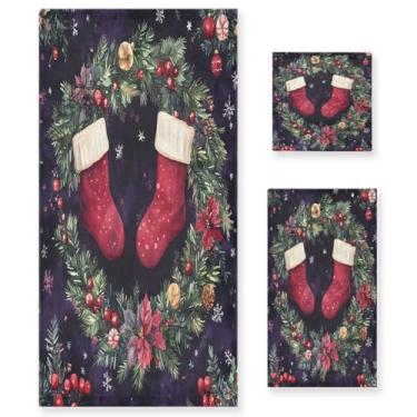 Imagem de STAYTOP Conjunto de 3 toalhas de guirlanda de Natal em aquarela, secagem rápida, altamente absorventes, 1 toalha de banheiro, 1 toalha de rosto, 1 toalha de mão para academia, spa, banheiro