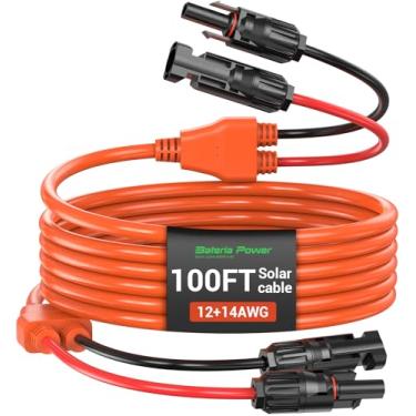 Imagem de Cabo de extensão solar, cobre estanhado 14AWG com conectores de painel solar, fios de ramo vermelho e preto de 12 AWG, cabo de alimentação externo resistente para trailer, inversor, gerador, sistema