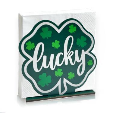 Imagem de Porta-guardanapos de dia de São Patrício para mesas dispensador de papel de seda de madeira trevo verde folhas de trevo suporte de guardanapo de coquetel para decoração de mesa de dia de São Patrício