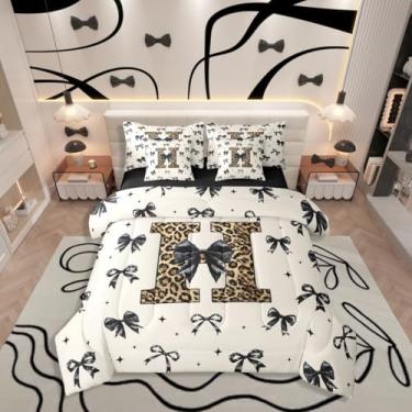Imagem de Conjunto de cama casal com letra H, 7 peças, monograma de laço preto em uma bolsa, conjunto de cama de leopardo com laço feminino inclui edredom, conjunto de lençol, fronhas e fronhas, decoração de