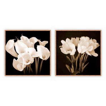 Imagem de Kit Com 2 Quadros Decorativos Florais Com Moldura Para Sala Quarto Escritório 72x72 Floral 012