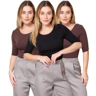 Imagem de Kit 3 Blusas Feminina Manga 3/4 com Abertura nas Costas - Maranne, Kit