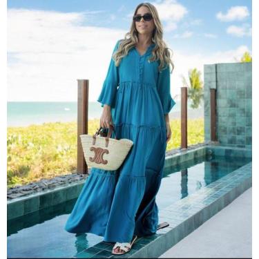 Imagem de Vestido viscose longo decote fru fru e botoes - BY MB, Azul, P