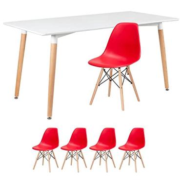 Imagem de Loft7, Kit - Mesa de jantar retangular Eames 80 x 160 cm branco + 4 cadeiras Eiffel Dsw Vermelho