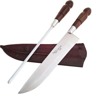 Imagem de Conjunto Faca Gaúcha 10` Picanheira Artesanal Aço Inox 420 e Chaira Estriada