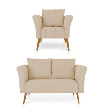 Imagem de Kit 01 Namoradeira 02 Lugares E 01 Poltrona Marilia Linho Pés Palito Castanho - D`rossi Cor A19 Grosso Bege