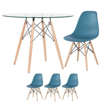 Imagem de Mesa Redonda Eames Com Tampo De Vidro 100 Cm + 3 Cadeiras Eiffel Dsw Turquesa