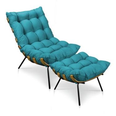 Imagem de Kit Poltrona Costela com Puff Para Sala Suede Azul Tiffany