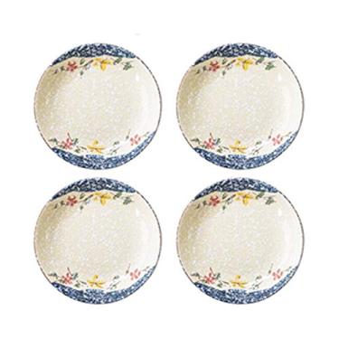 Imagem de NUNYANG Prato de jantar com motivos florais de cerâmica redondos, prato de jantar, sobremesa esmaltada, salada, prato de massa, prato de aperitivo de 20 cm, conjunto de 4 peças