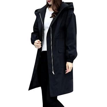 Imagem de Casaco feminino longo de lã casaco de inverno preto com capuz e zíper sobretudos plus s...