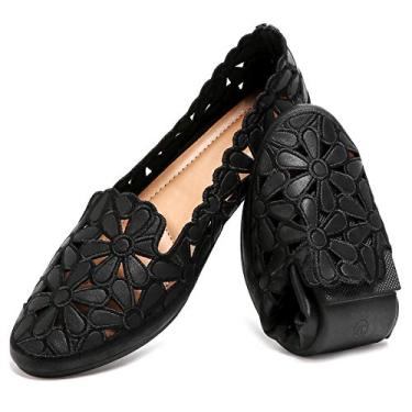 Imagem de HEAWISH Sapatilhas femininas de balé floral para mulheres, preto, bege, sem cadarço, couro PU, bico redondo, Preto, 38