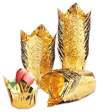 Imagem de Taças para assar cupcakes, forros de muffin descartáveis Eusoar, 3,8 g, bojos de cupcake estilo tulipa de alumínio, copos para assar, pequenos copos de alumínio, suporte de Ramekin para cupcake, 50pcs Gold