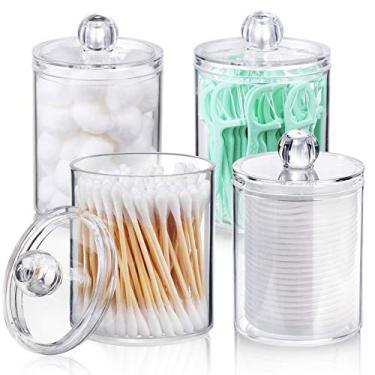 Imagem de Dispensador de suporte de cotonete de 4 pacotes para bola de algodão, cotonete, almofadas redondas de algodão, fio dental - 10 oz conjunto de frasco de boticário de plástico transparente para organiza
