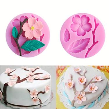 Imagem de HengKe 2 peças moldes em forma de flor de pêssego, flores de plantas e folhas Fondant Silicone molda Ferramentas de decoração de bolo, molde de chocolate, topo decorativo de cupcake, decoração de sugarcraft decoração de biscoito de gelo