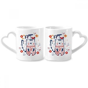 Imagem de Conjunto de canecas de porcelana para casais, desenho de gato fofo de pássaro, flor, desenho de flores, coração de cerâmica