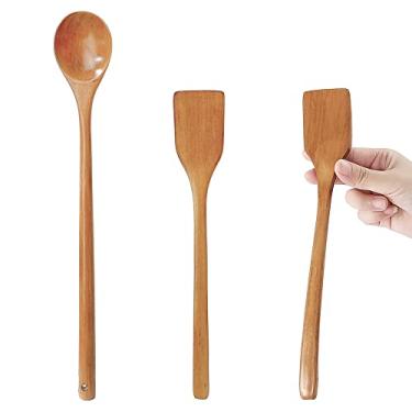 Imagem de UPTALY 2 espátulas de madeira finas para omelete (27 cm x 4,5 cm), 1 colher de mistura de cabo longo (34 cm x 5 cm), madeira sólida natural, espátula de ovo frito pequena, colher de agitação estendida