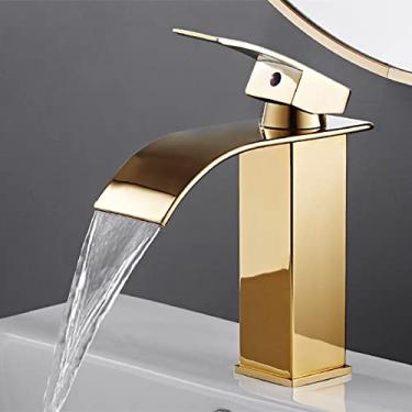 Imagem de Torneira de lavatório em cascata Torneiras pretas Torneiras de banho de latão Misturador de água quente e fria Torneira de vaidade Torneiras de lavatório montadas no convés, Douradas planas