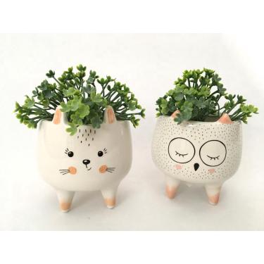 Imagem de Kit 2 Enfeites Decorativos Cachepot Cat Decor Cerâmica Bco/Pto/Rosé A8xD8cm com Plant Decor Brilho