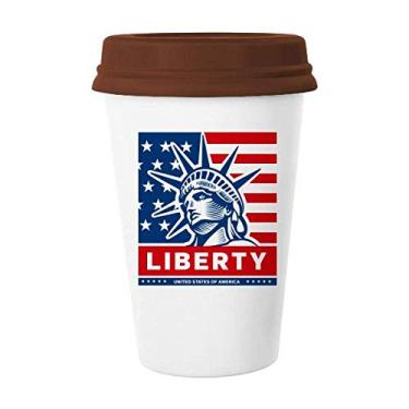 Imagem de Caneca com estampa de estátua da bandeira dos EUA com liberdade Caneca de vidro para beber café com tampa de cerâmica