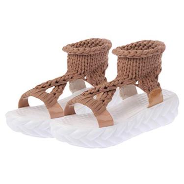 Imagem de Happyyami Sandália anabela feminina fio de lã plataforma sandália de couro PU tira no tornozelo sapatos de verão (Coffee 36 23 cm, 3,5 Reino Unido, 36,5 UE, 9,039 polegadas), Café, 7.5