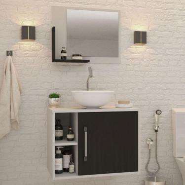 Imagem de Armário De Banheiro Com Cuba E Espelho 1 Porta 2 Prateleiras Branco Chess/preto ônix 13688 -