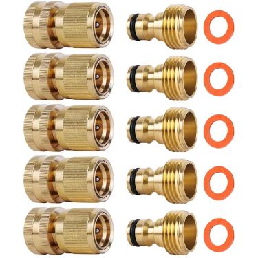 Imagem de ShowNew Mangueira de jardim Conectores rápidos, latão sólido 3/4 polegada GHT Fio fácil de ligar Acessórios Mangueira de água sem vazamento macho fêmea pacote de valor
