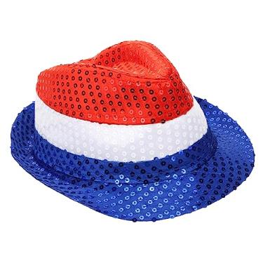 Imagem de SHOWERORO Chapéu Patriótico de Lantejoulas fedora azul branco vermelho chapéus de decoração americana chapéus de patriotas para homens chapéu de patriotas para homens vintage