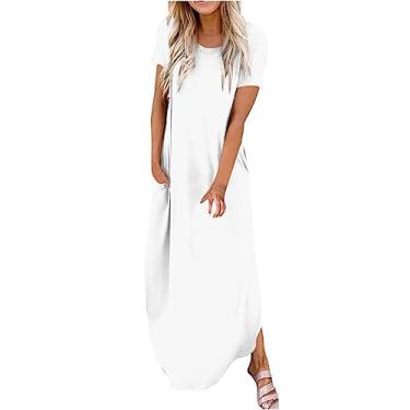 Imagem de Vestido feminino elegante casual cor sólida manga curta gola redonda bainha irregular vestido de férias vestidos femininos, Branco, P