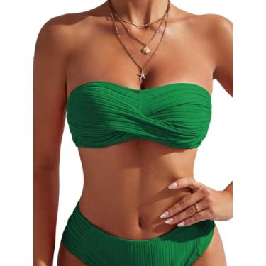 Imagem de MakeMeChic Top de biquíni feminino com tomara que caia franzido liso, Verde, GG