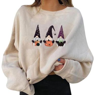 Imagem de Moletom feminino com estampa de Halloween, gola redonda, pulôver, tops, camisas casuais de manga comprida, blusa solta/386 (Color : A09-beige, Size : Small)
