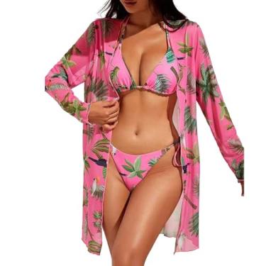 Imagem de Biquíni feminino de 3 peças, alças finas, cintura alta, estampa floral, triângulo, frente única, roupa de praia, Vermelho, P