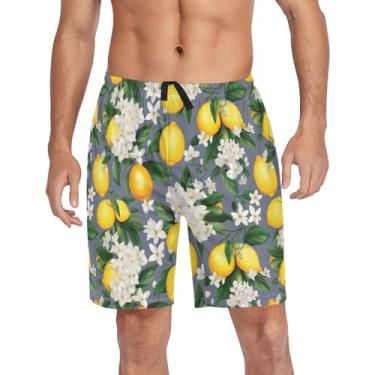 Imagem de CHIFIGNO Calças de pijama para homens, shorts de pijama para dormir, calça de pijama macia com bolsos e cordão, Limões amarelos e flores brancas, P