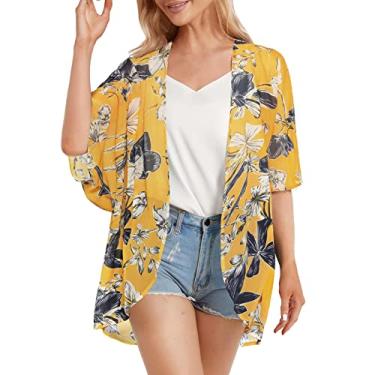 Imagem de Blusa feminina havaiana chiffon estampa floral manga bufante kimono cardigã solto blusa tops Casual Cobertura de praia Top de verão Camiseta Camisa Camiseta Blusa feminino O65-Amarelo Medium