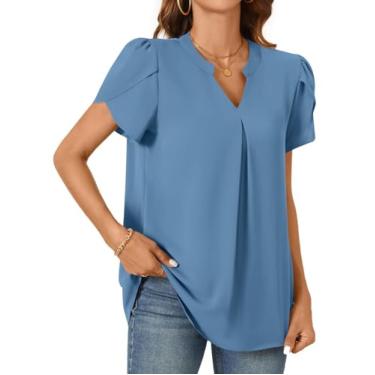 Imagem de Camisetas femininas de chiffon de verão blusas casuais pétala elegante camiseta túnica manga curta gola V tops, Azul, 3G