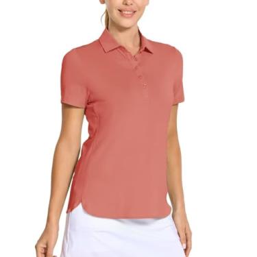 Imagem de M MAELREG Camisa polo feminina de golfe de manga curta com 5 botões de secagem rápida, casual, sólida, absorção de umidade, Rosa coral, PP