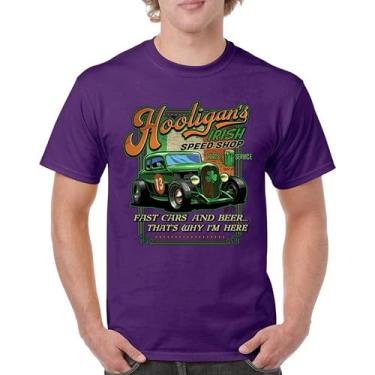 Imagem de Camiseta masculina Hooligan's Irish Speed Shop Dia de São Patrício Vintage Hot Rod Shamrock St Patty's Beer Festival, Roxa, M