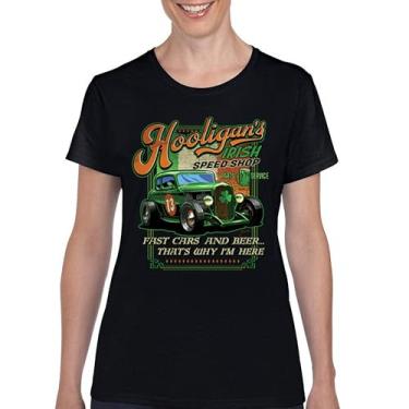 Imagem de Camiseta feminina Hooligan's Irish Speed Shop Dia de São Patrício Vintage Hot Rod Shamrock St Patty's Beer Festival, Preto, G