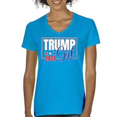 Imagem de Camiseta feminina Trump Girl 2024 gola V 45 47 President MAGA America First FJB Let's Go Brandon Camiseta patriótica republicana, Turquesa, G