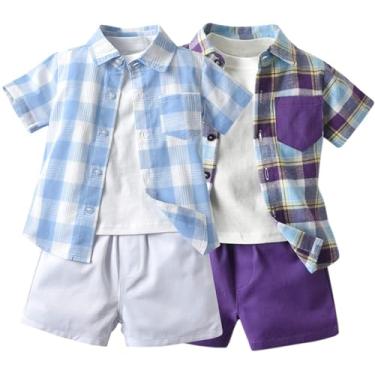 Imagem de SANGTREE Roupa havaiana para bebês meninos, camisa floral xadrez + calça cargo + camisa branca, Pacote com 2 azul/roxo, 2-3 Anos