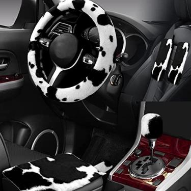 Imagem de Wazzh Conjunto de 6 peças de acessórios estéticos interiores de carro, capa de volante de vacas fofas, almofada de apoio de braço, capa de cinto de segurança, capa de câmbio de marcha, ajuste para