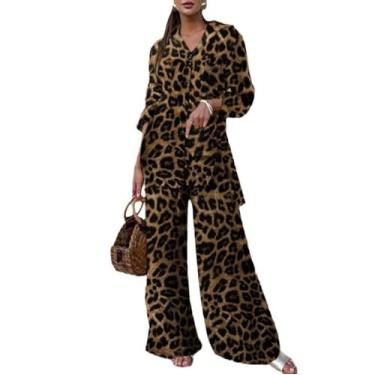 Imagem de Conjunto feminino de 2 peças com estampa de leopardo, manga comprida, abotoado, calça palazzo, conjunto de roupas de moletom P-5GG, Marrom, G