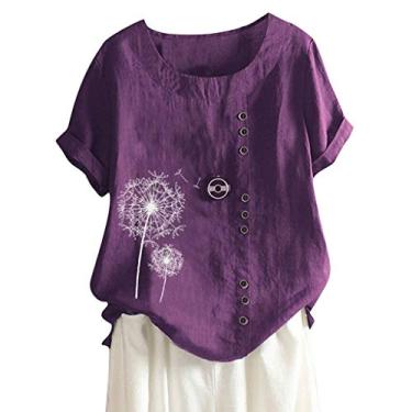 Imagem de Camiseta feminina de linho, gola redonda, botões, manga curta, caimento solto, túnica com estampa de dente-de-leão, camiseta de verão, Roxo - 1, P