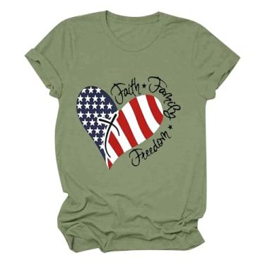 Imagem de Camiseta feminina com bandeira dos EUA, gola redonda, manga curta, camisetas casuais de verão, roupas de presente de 4 de julho, Verde menta, XXG