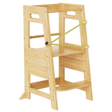 Imagem de XiaZ Kids Kitchen Step Stool, Torre de aprendizagem infantil com plataforma ajustável e cinto de segurança, Torre de ajuda de madeira de bambu para balcão de cozinha, perfeita para crianças de 1,2,3,4,5 anos de idade