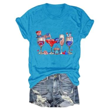 Imagem de Camiseta feminina de 4 de julho com estampa de taças engraçadas de vinho, bandeira dos EUA, túnica patriótica, gola redonda, manga curta, blusa de verão, Azul, GG