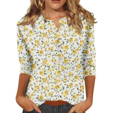 Imagem de Camisetas femininas com gola V e manga 3/4, casuais, básicas, de verão, estampa floral, botões, solta, túnica, #03 - Amarelo, M