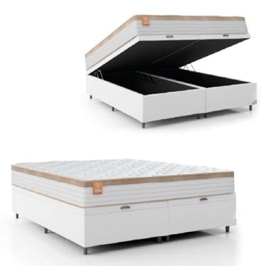 Imagem de Cama Box Baú Colchão Casal King Molas Ensacadas Real 193x203x68cm Branco/Bege Linho Inducol - Suporta até 130kg por Pessoa
