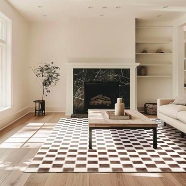 Imagem de EVERGRACE Tapete xadrez xadrez, 22 x 30 cm, lã sintética macia, lavável, antiderrapante, tapete grande para entrada, quarto, sala de estar, corredor, cozinha, sala de jantar, marrom escuro